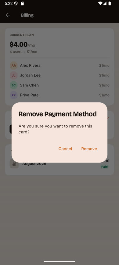 Remove Payment Method confirmation dialog