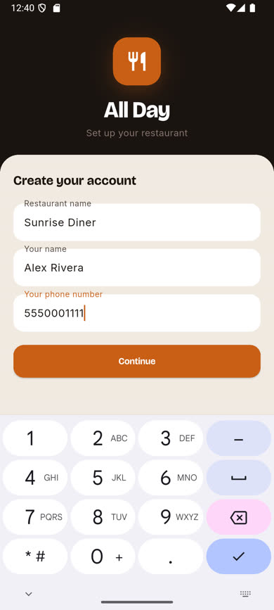Create an account form with restaurant name, admin name, and phone fields