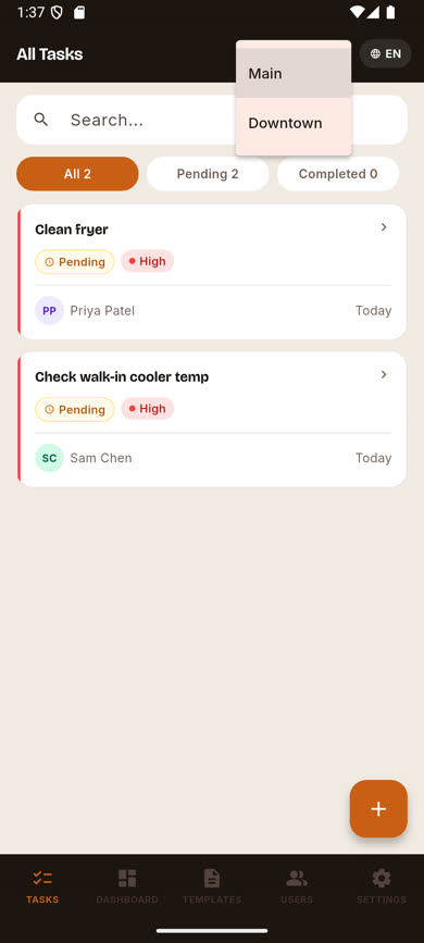 Location picker dropdown showing Main and Downtown locations