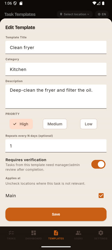 Edit Template form pre-filled with an existing template's details