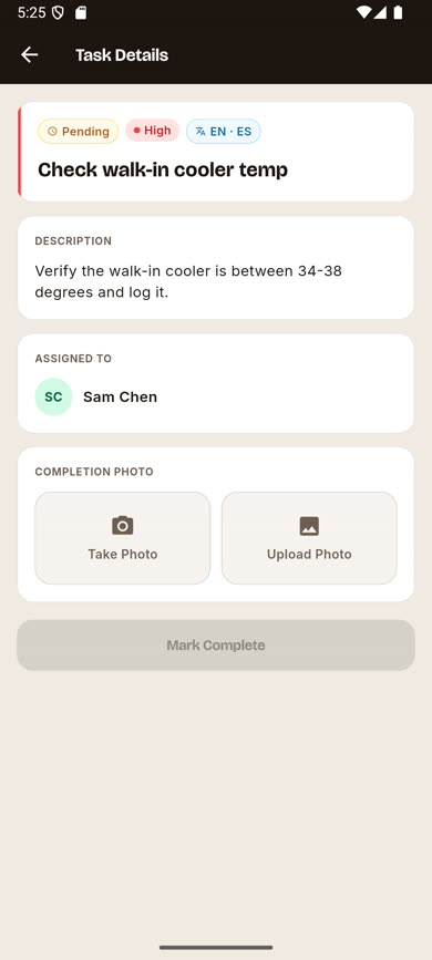 Task detail screen showing Take Photo and Upload Photo buttons before completion
