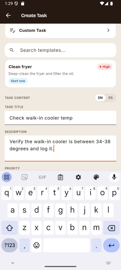Create Task form with title and description filled in