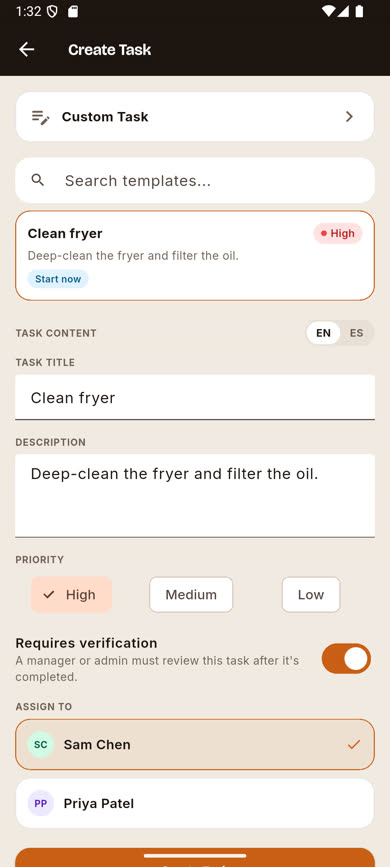 Create Task screen with the Clean fryer template selected, form pre-filled