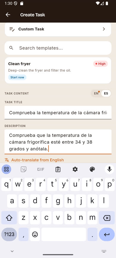 Task title and description auto-translated into Spanish