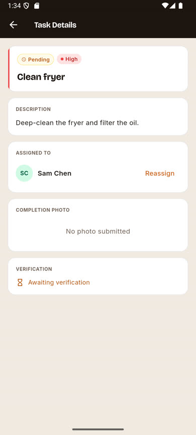 Task Details screen as seen by an Administrator, with a Reassign link