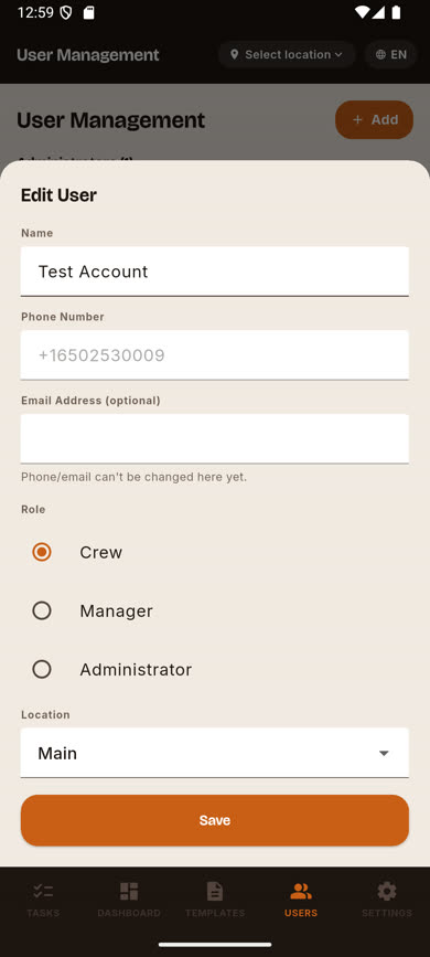Edit user form pre-filled, with phone and email fields disabled