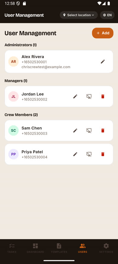 Users screen showing Administrators, Managers, and Crew Members sections
