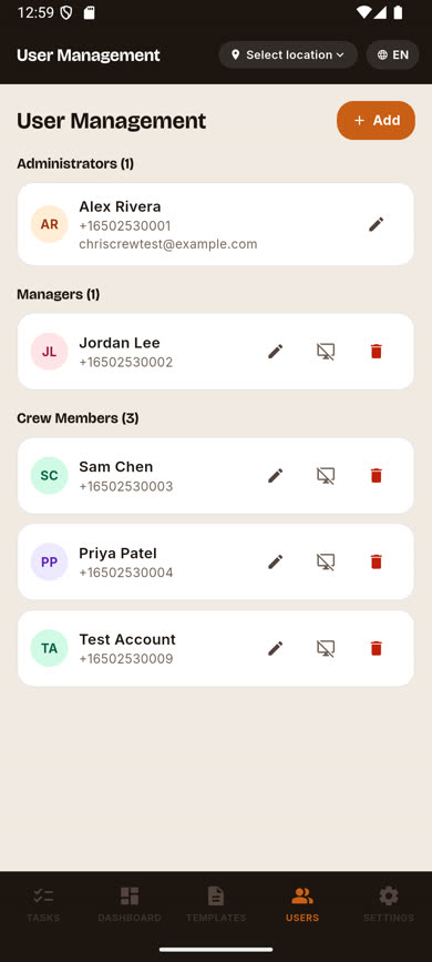 Users screen fully populated with one admin, one manager, and two crew members